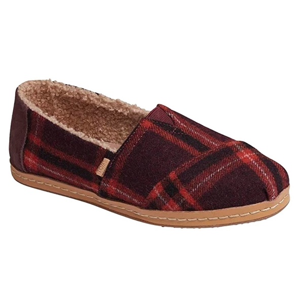 Toms Alpargata Leather Wrap Shoes Flats Slip On Loafers Barn Red Plaid Sherpa - Picture 1 of 7